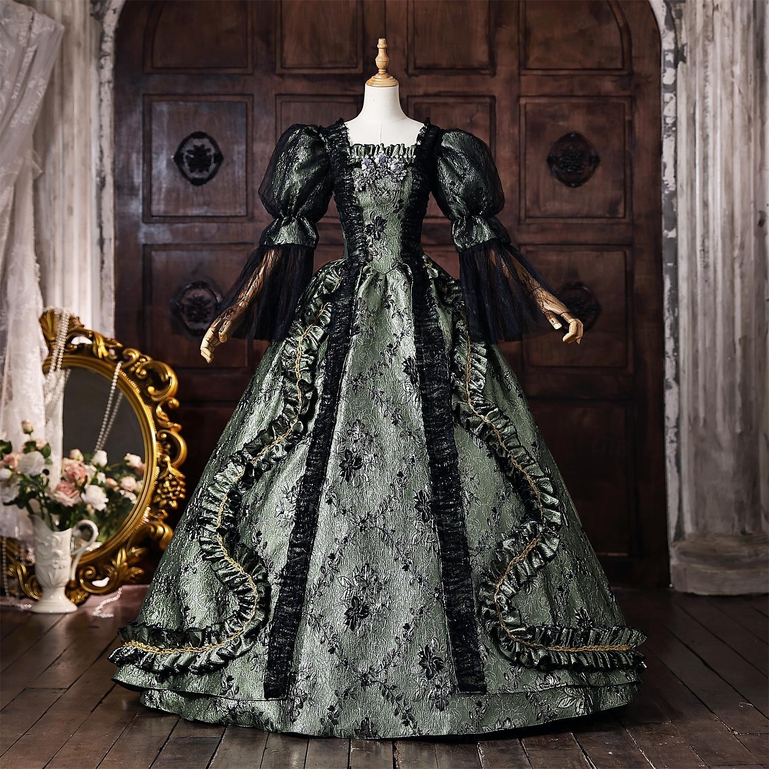 Rococo Baroque Ball Gown Floor Length Dress Ball Gown Puff Balloon Sleeve Princess Bridal Lace Floral Ball Gown Square Neck Fancy Dress Women's Royal Halloween Carnival Masquerade Tea Party Party 2026 - $301.49 –P1