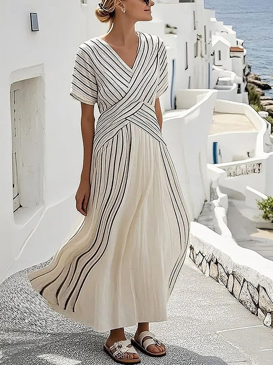 Damen Maxikleid Gestreiftes Kleid Sommerkleid Basic Klassisch Täglich Strand Urlaub Normale Passform Gestreift Kurzarm V Ausschnitt Blau Schwarz Khaki Sommer Frühling 2026 - $32.99 –P3