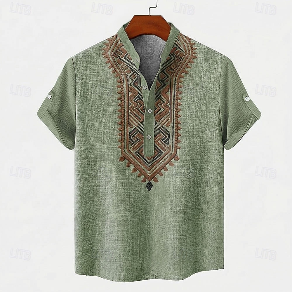 Bărbați Model Geometric Tribal Έθνικ Cămașă Cămașă cu nasturi Manșon scurt Vintage Retro Concediu Casul / Zilnic Vară Primăvară Guler în picioare Henley Guler Imprimare 3D Cămașă de in Sötét khaki 2026 - $25.99 –P5