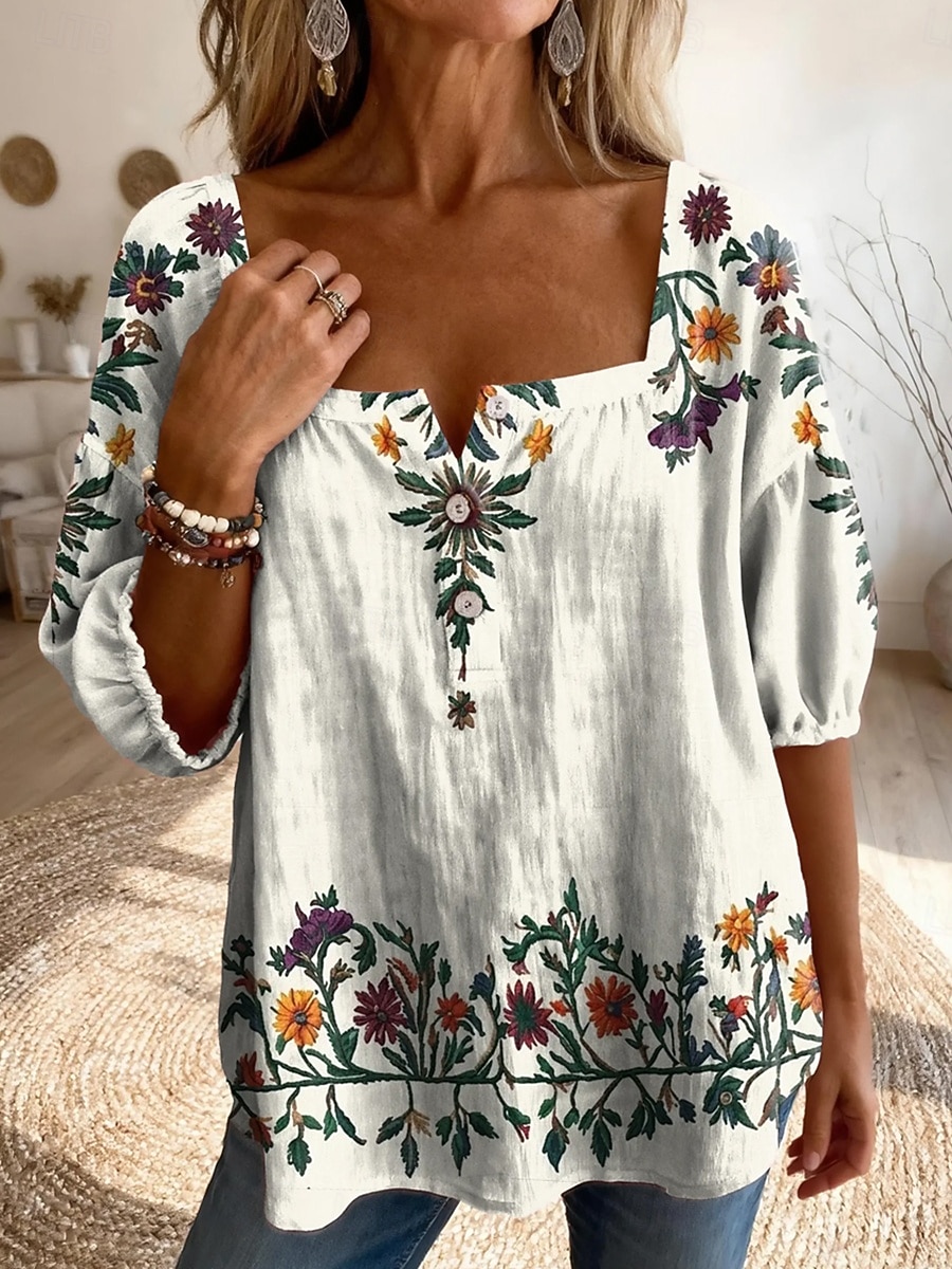 Femmes Chemisier Boutons Imprimé Fleuri Graphique Quotidien Élégant Occasionnel Demi Manches Col carré Hauts Réguliers Occasionnel Quotidien Bleu Beige Été Printemps de 2026 ? $33.99 –P2