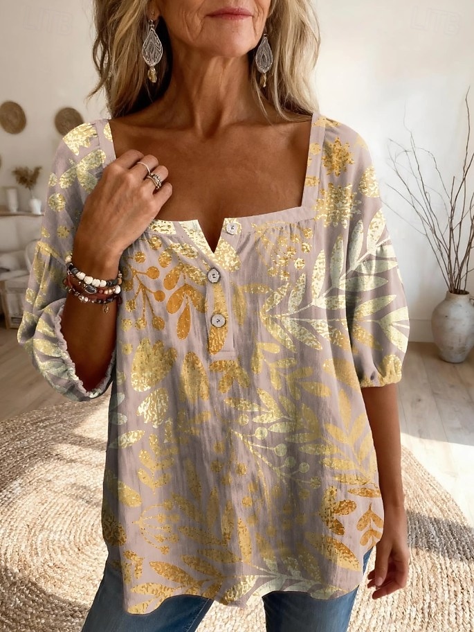 Per donna Blusa Bottoni Stampato Floreale Grafico Quotidiano Elegante Essenziale Mezza Manica Collo quadrato Top lunghi Quotidiano Giallo Verde Beige Azzurro Estate Primavera del 2026 a $29.99 –P4