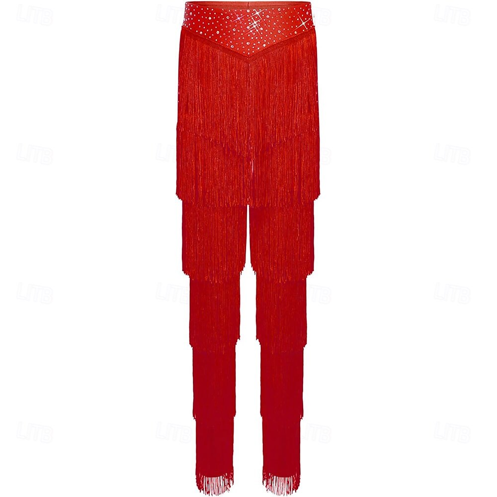 Pantalones latinos rojos con flecos - ropa de baile con borlas escalonadas y ribete de lentejuelas para baile de salón & escenario 2026 - $73.99 –P3