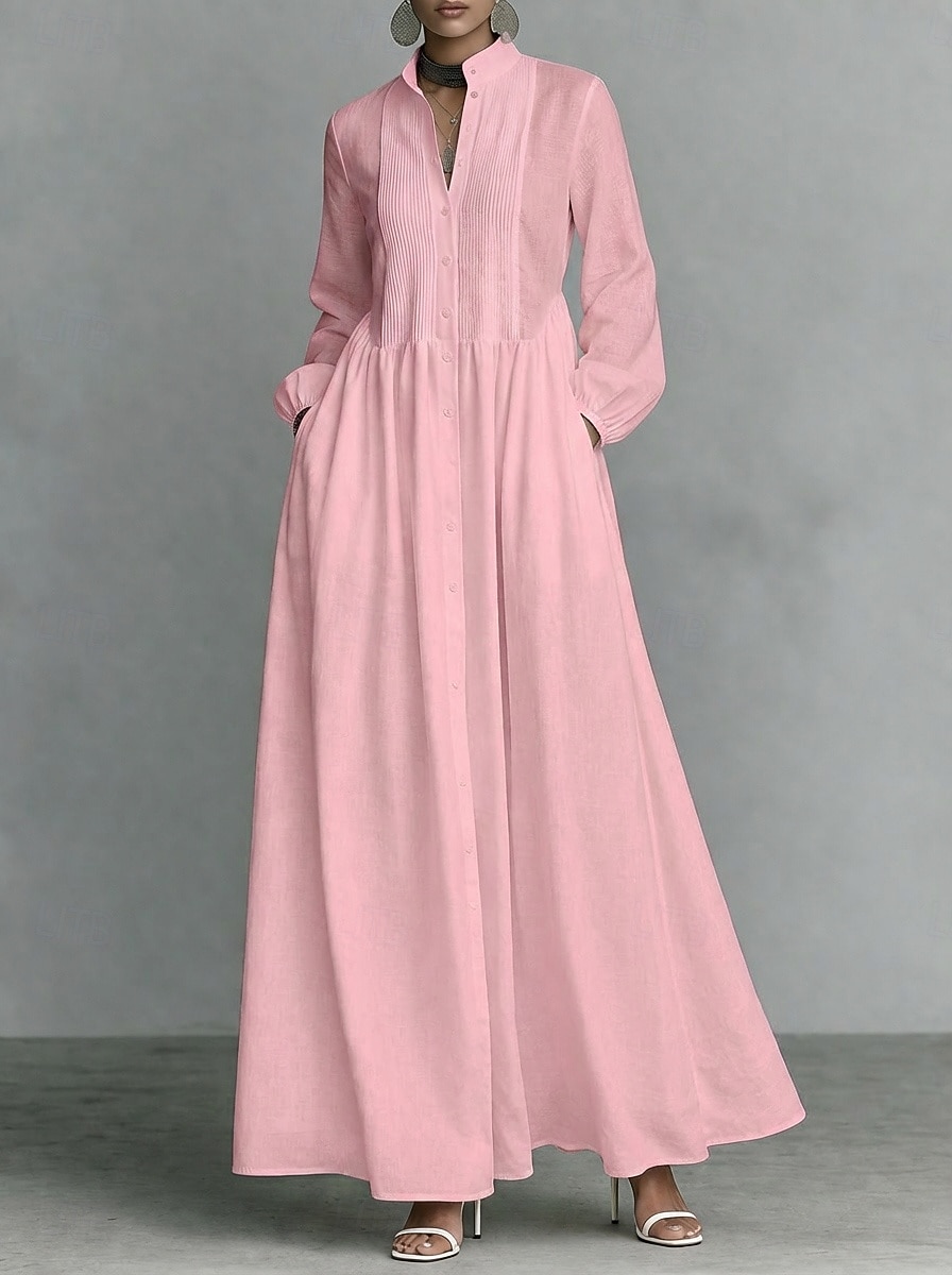 Жен. Длинное платье Платье-рубашка Белое платье Платье на выпускной Элегантный стиль Мода Современное на открытом воздухе Отпуск На выход Стандартный Полотняное плетение Длинный рукав Вырез под горло 2026 - NZ $76.09 –P5