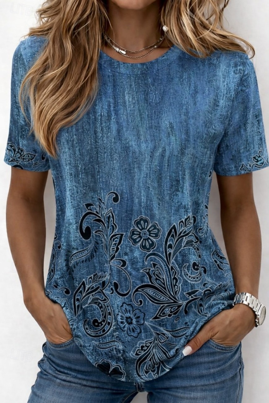 Mujer Camiseta Estampado Ombre Floral Graphic Elegante Clásico Casual Manga Corta Cuello Barco Escote Redondo Tops regulares Casual Diario Azul Piscina Púrpula Claro Azul claro Verano Primavera Otoño 2026 - $21.99 –P2