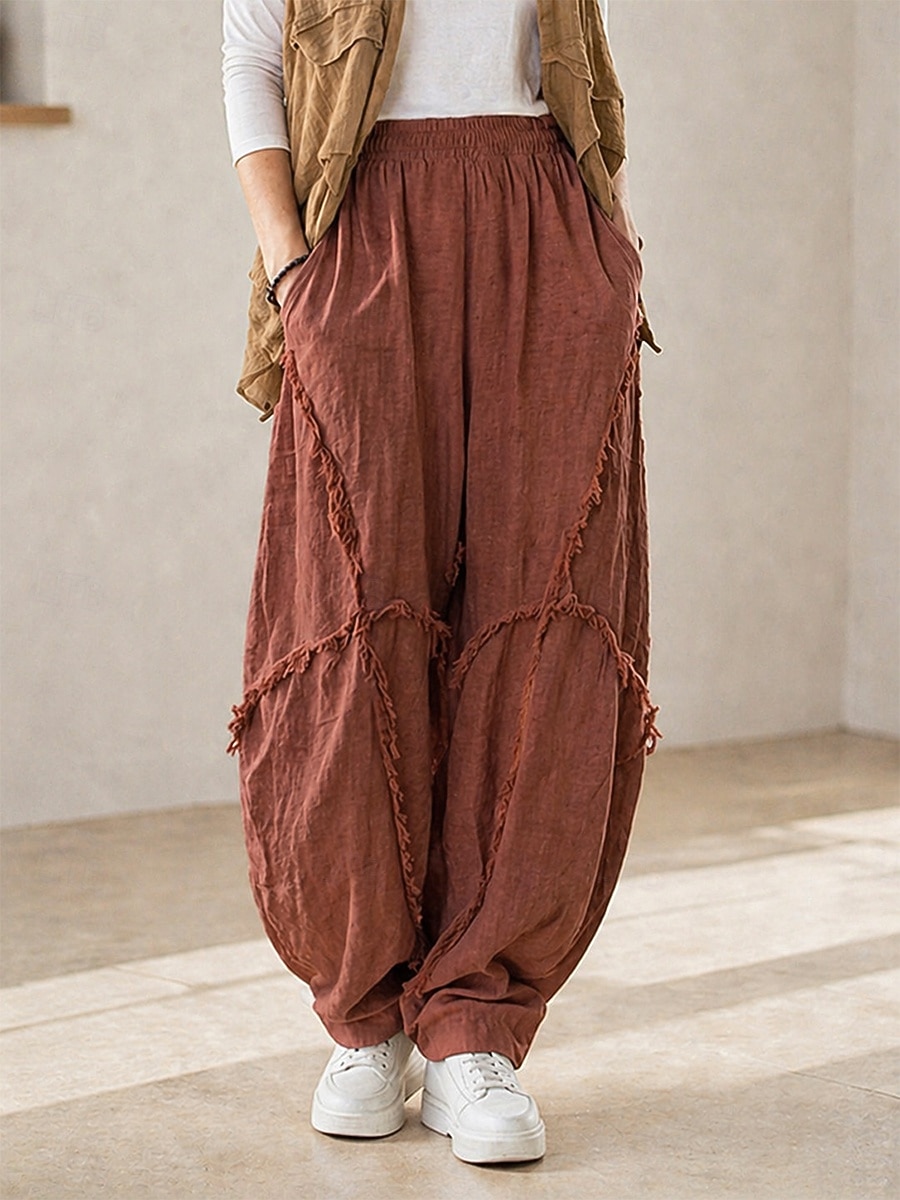 70% Linen Women's Linen Pants Chinos Summer Pants Bloomers Vacation Streetwear Basic Full Length Medium Waist Plain Pocket Elastic Waistband Inelastic Daily Outdoor rice white Coffee Fall Winter 2026 - $52.99 –P5
