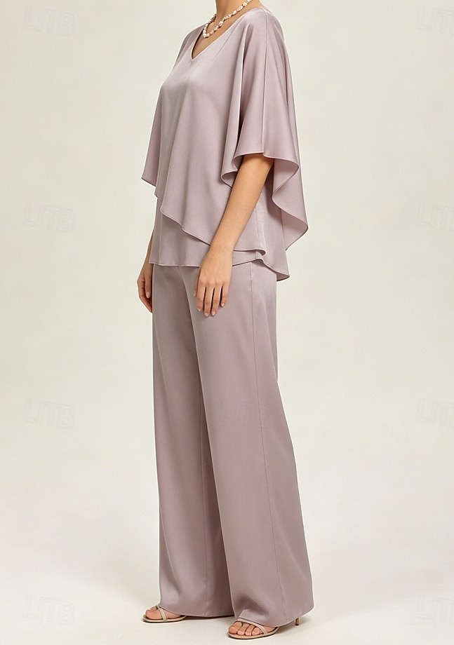 Conjunto feminino de calça pantalona com decote em V e sobreposição de chiffon, ideal para casamentos e ocasiões elegantes. de 2026 por $36.99 –P5