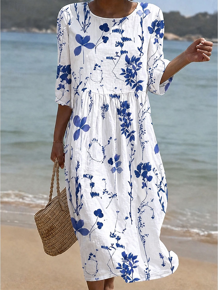 Pentru femei Rochii Midi Rochie de Vară Rochie de vară Vacanță Casual Boho Concediu Potrivire Largă Floral Grafic Manșon Jumate Stil Nautic Albastru piscină Alb Galben Roz Îmbujorat Vară Primăvară 2026 - $34.99 –P7
