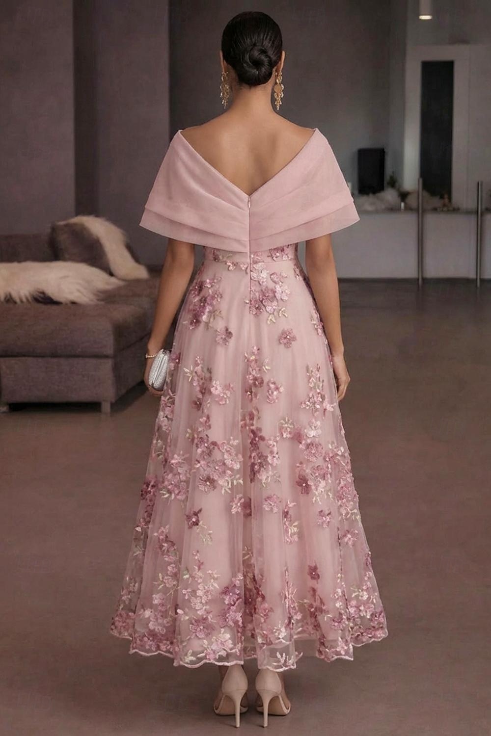 Corte A Vestido Midi Vestidos de coctel Elegante Vintage Floral Manga Corta Hombros Caídos Fiesta de jardin Boda Organdí Tul Espalda desnuda con Estampado flor Flor bordada Plisado 2026 - $182.99 –P2