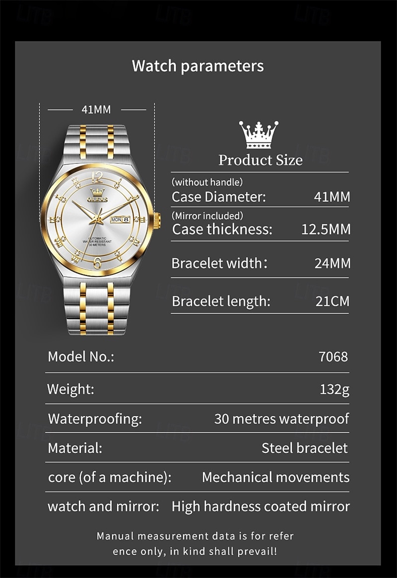 Men's Automatic Watch - Luxury Two-Tone Gold Stainless Steel Business Self Winding Wristwatch with Day Date, Waterproof Luminous Analog Dress Watch, Elegant Present for Husband Dad Son 2026 - $98.99 –P10
