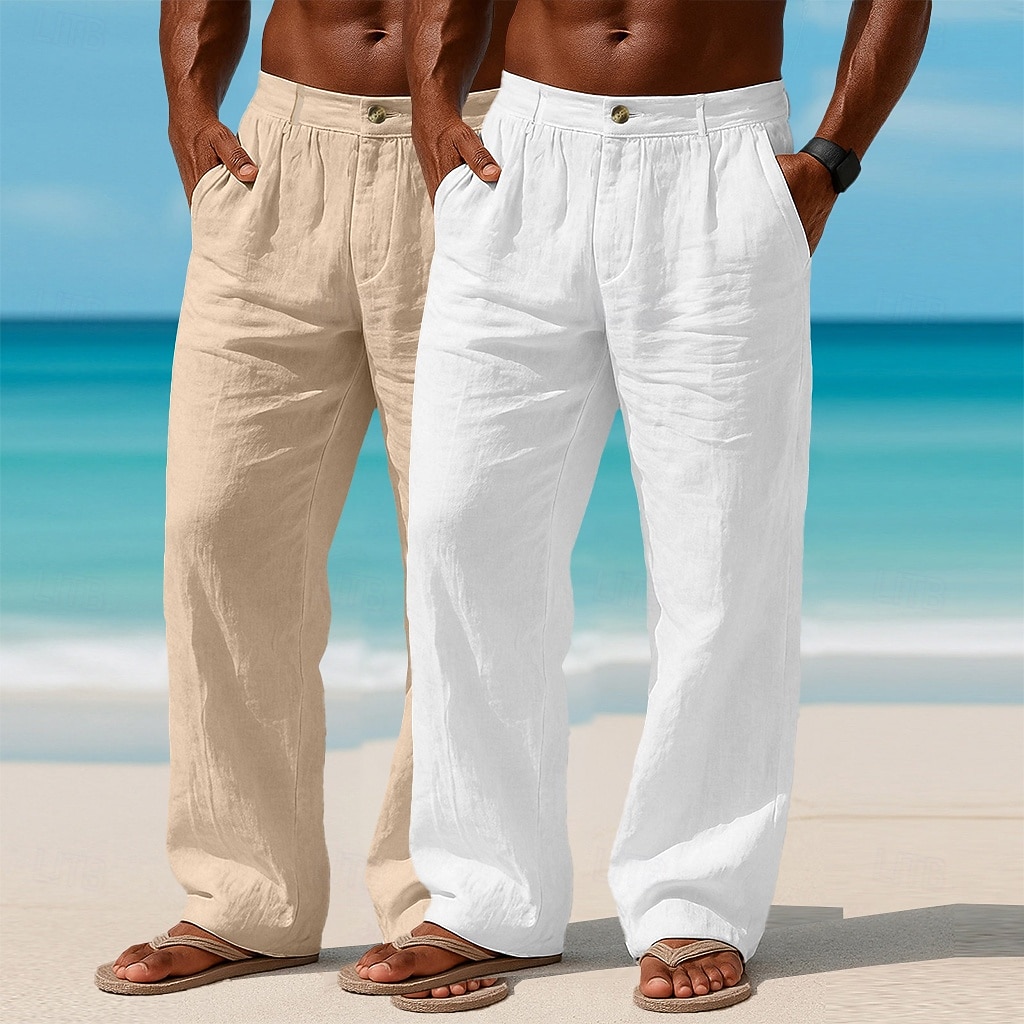 Homme Pantalons en Lin Pantalons Pantalon d'été Pantalons Amples Pantalons de Plage Avec Poches Uni Confort Respirant Longueur complète Occasionnel Quotidien Extérieur Vacances Mode Blanc + kaki de 2026 ? $41.99 –P2