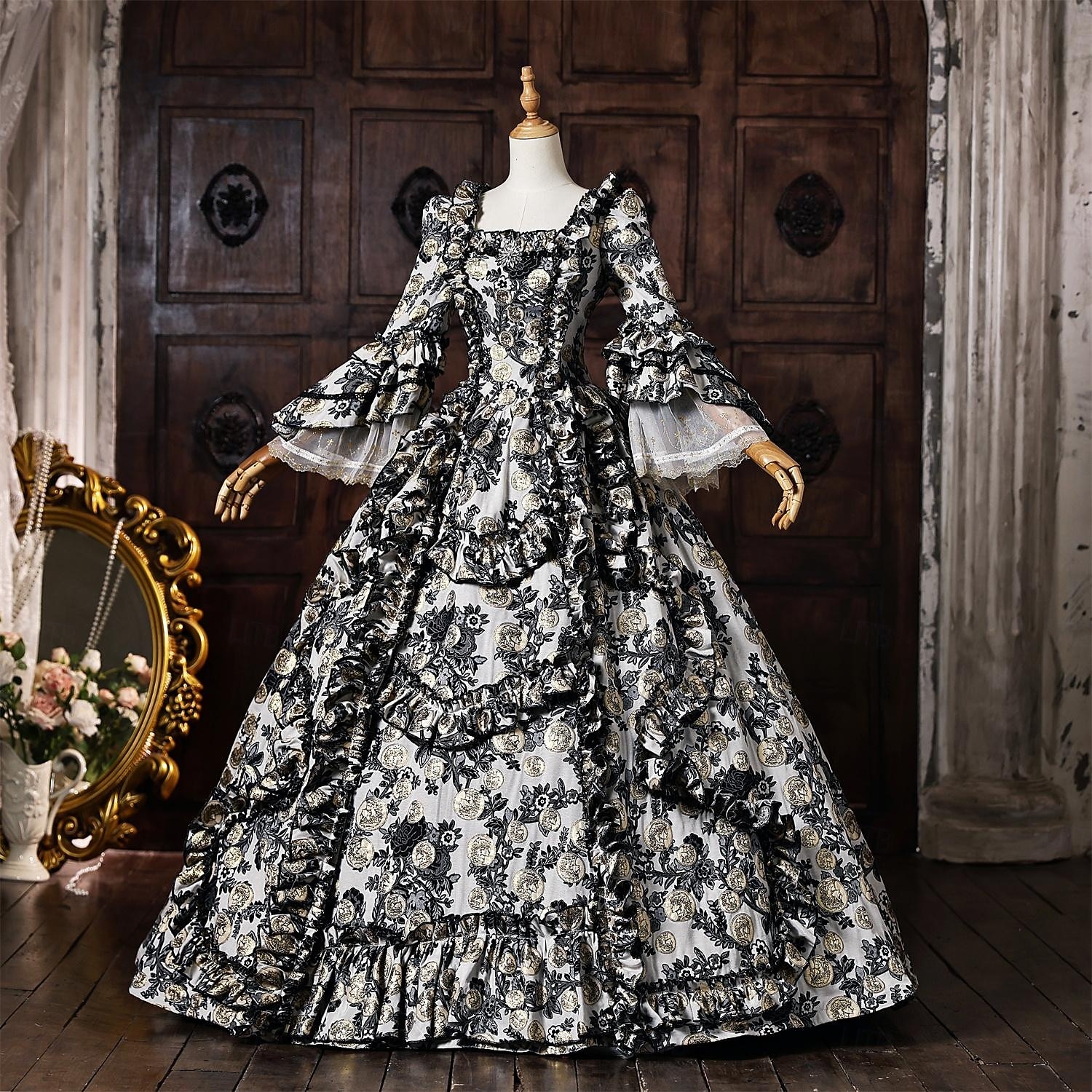 Rococo Baroque Ball Gown Floor Length Dress Ball Gown Short Sleeves Princess Bridal Lace Floral Ball Gown Square Neck Fancy Dress Women's Royal Halloween Carnival Masquerade Prom Tea Party Party 2026 - $344.79 –P3