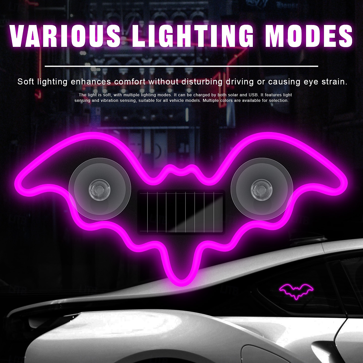 Car Solar Vacuum Suction Cup Neon Bat-Shaped Decorative Running Lights, Wire-Free, Type-C Rechargeable, 8 Modes, Ambient LED Car Interior & Exterior, Party, Halloween, Vehicle Decoration 2026 - $7.49 –P3