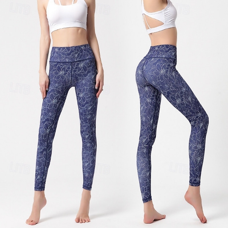 Dames Pilatesbroek Yogabroek Billenlift met ruche Hoge taille Sportschooltraining Hardlopen Fitness Legging Kleding Onderlichaam Flora Amethist Wit Blauw Sport Sportkleding Hoge Elasticiteit 2026 - $23.99 –P7