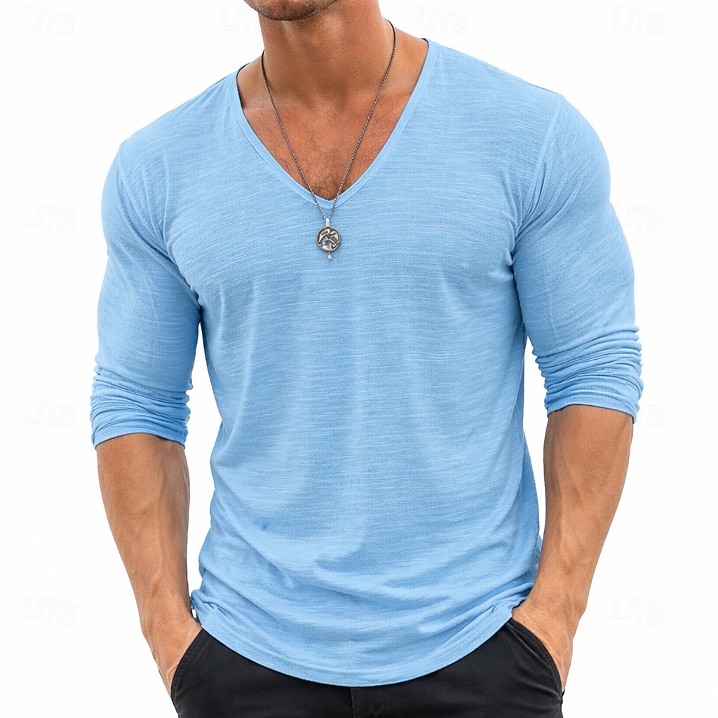 tricou bărbătesc din in, mânecă lungă, decolteu în V, vară, primăvară &Tricou de vară, culoare solidă, simplu, zilnic, casual, stil stradal, simplu, exterior, casual, albastru deschis, albastru-negru, 2026 - $20.99 –P5