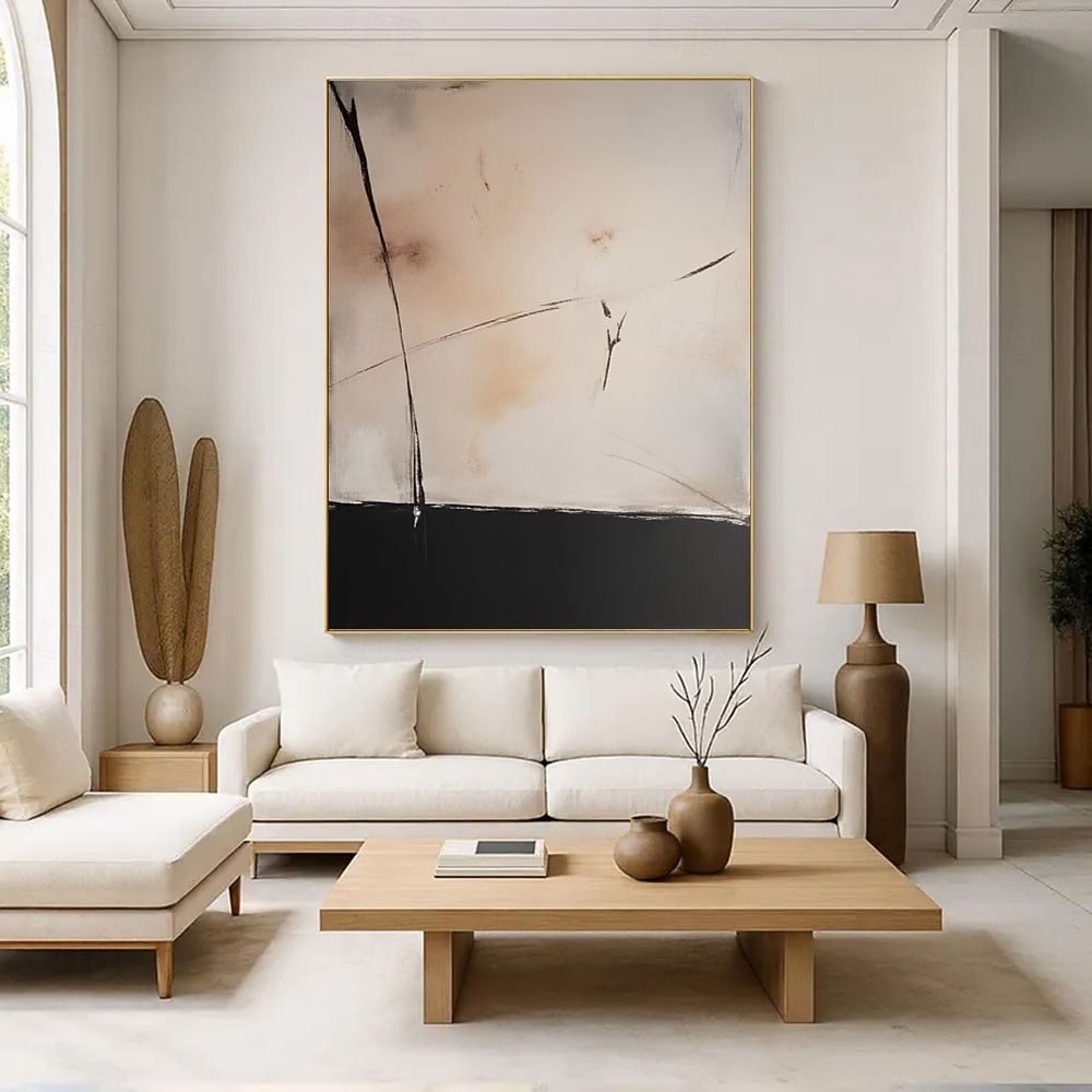Boho Beige Black Wall Art Black Abstract Painting Beige Wabi Sabi Wall ...