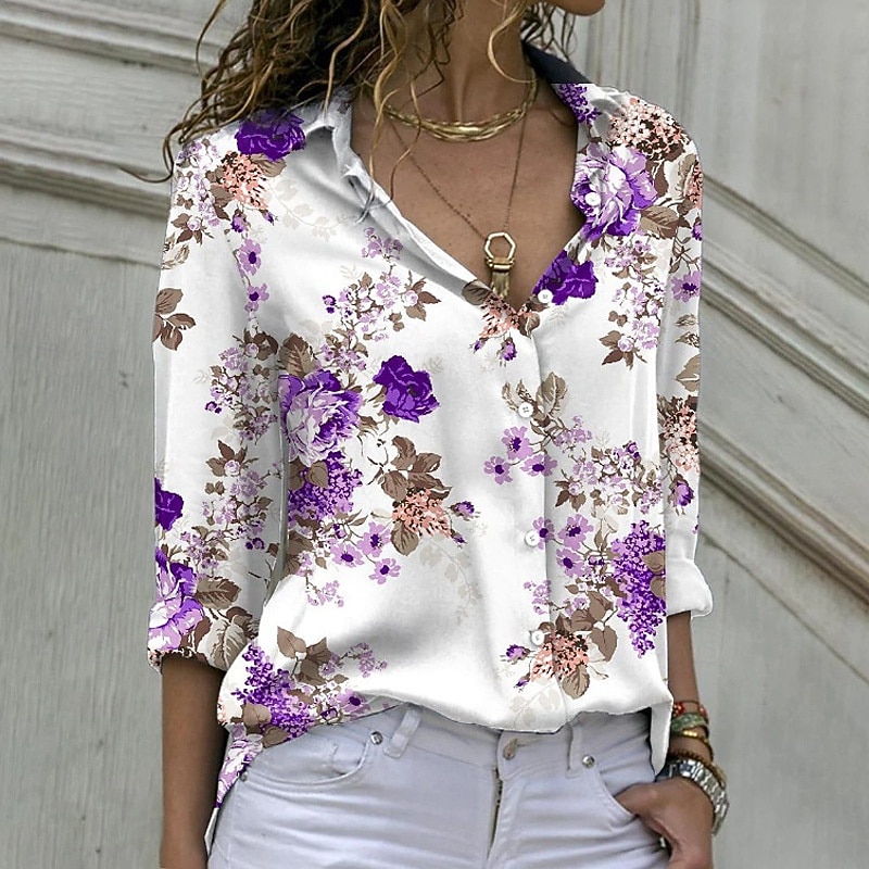 Dames Overhemd Blouse Lapwerk Knop Bloemig Stijlvol Klassiek Modern Lange mouw Overhemdkraag Normale tops Dagelijks Feestdagen Uitgaan blauw Paars Groen Zomer Lente 2026 - $29.99 –P1