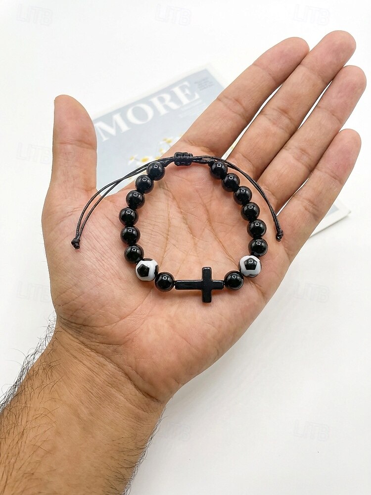 Pulsera deportiva para hombre de materiales mixtos con motivos de fútbol y baloncesto. &Cuentas de fútbol, tamaño ajustable, accesorio de apoyo para aficionados, ropa informal para el día del partido, 2026 - $7.99 –P4