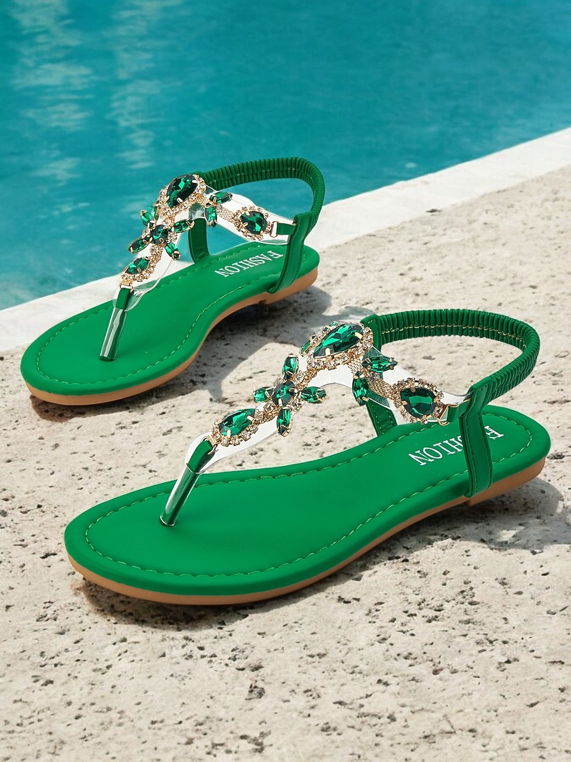 Sandalias con tira en T y adorno de diamantes de imitación verdes para mujer con correa elástica en el tobillo: calzado de verano elegante para playa, fiestas o ropa informal 2026 - $26.99 –P1