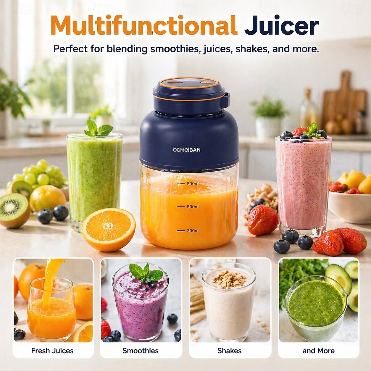 Exprimidor eléctrico inalámbrico de 44 oz para el hogar, ideal para electrodomésticos. &Vaso para batidora de verduras, botella de zumo personal de gran capacidad para el hogar y los viajes. 2026 - $29.99 –P2