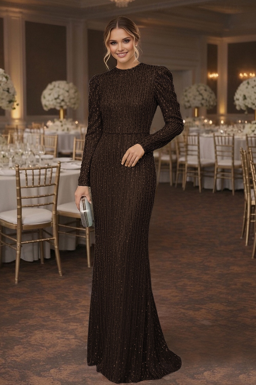 Tubino Colonna Lunghezza al pavimento Abito da invitata a nozze Abito Formale Abito da sera Abiti da Ballo Elegante Manica Lunga Girocollo Balli di fine anno Formale Con Paillettes con Glitter del 2026 a $149.99 –P8