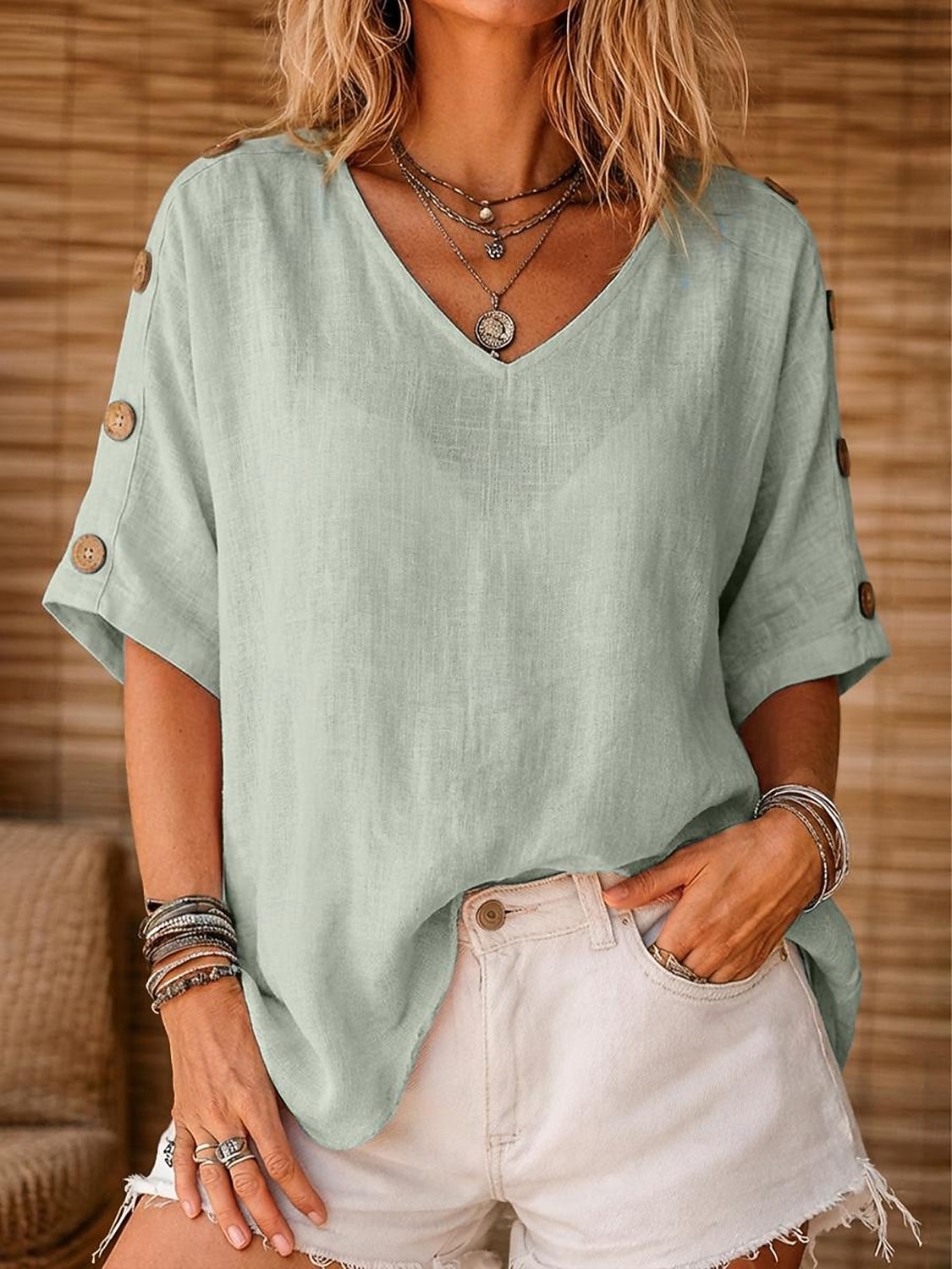 Per donna Camicia Camicie di cotone e lino Blusa Bottoni Tinta unica Essenziale Casual Manica Corta Manica a pipistrello Collo a U Top Regolari Casuale Quotidiano Bianco Giallo Verde chiaro Rosa Rosso del 2026 a $22.99 –P5