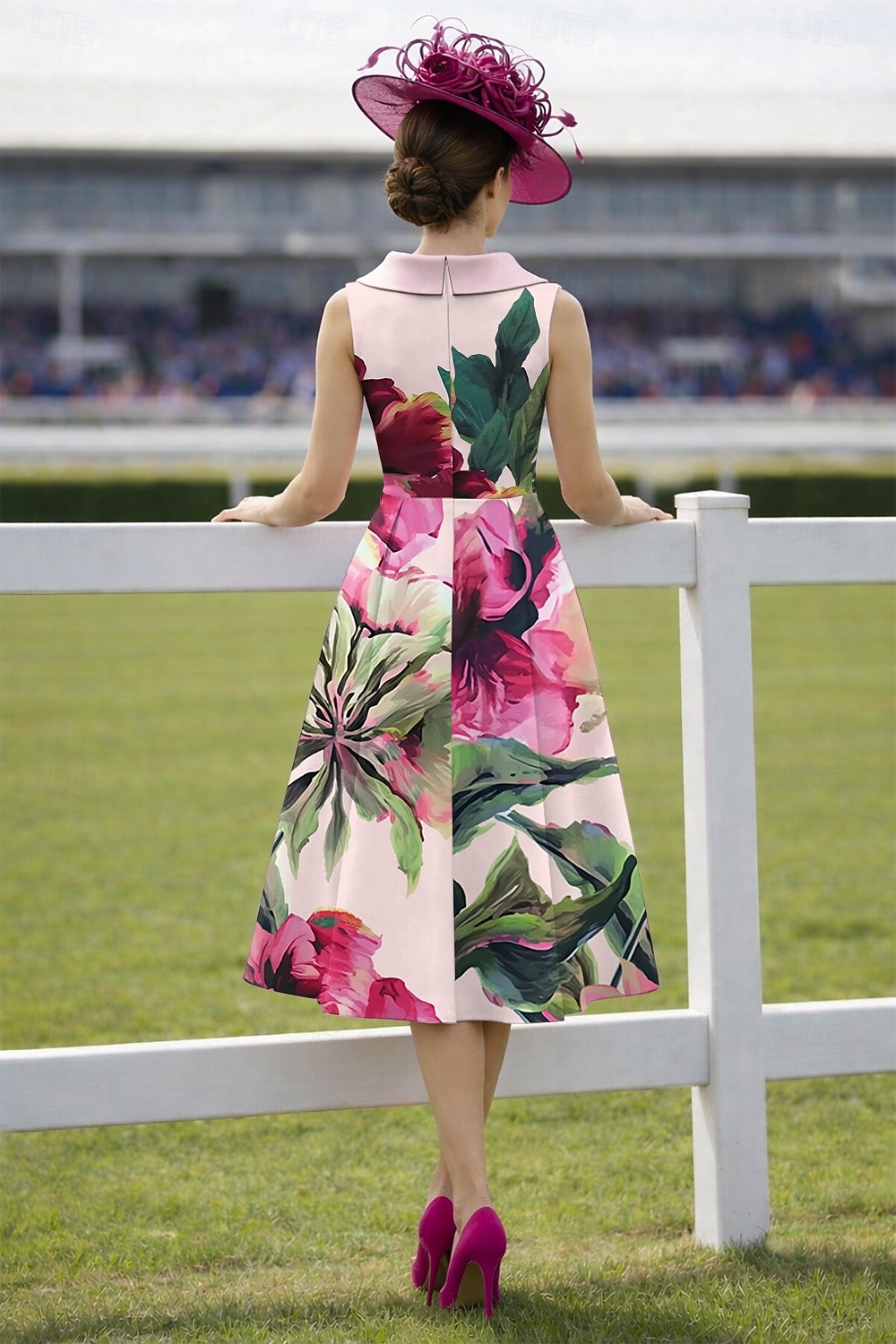 A-Line Tea Length Derby Dress Mother of the Bride Dress Sleeveless Bateau Neck Elegant Vintage Kentucky Derby Satin with Flower Print 2026 - $183.99 –P2
