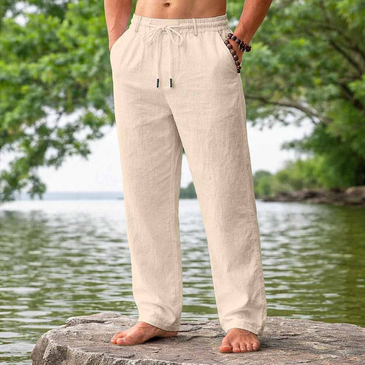 Férfi Vászon nadrág Nyári nadrág Strand nadrág Zsinór Zseb Rugalmas derék Sima Mokaszinok Légáteresztő Napi Tengerpart Vakáció Szabadság Hawaii Fekete Fehér Nem elasztikus 2026 - $25.99 –P10