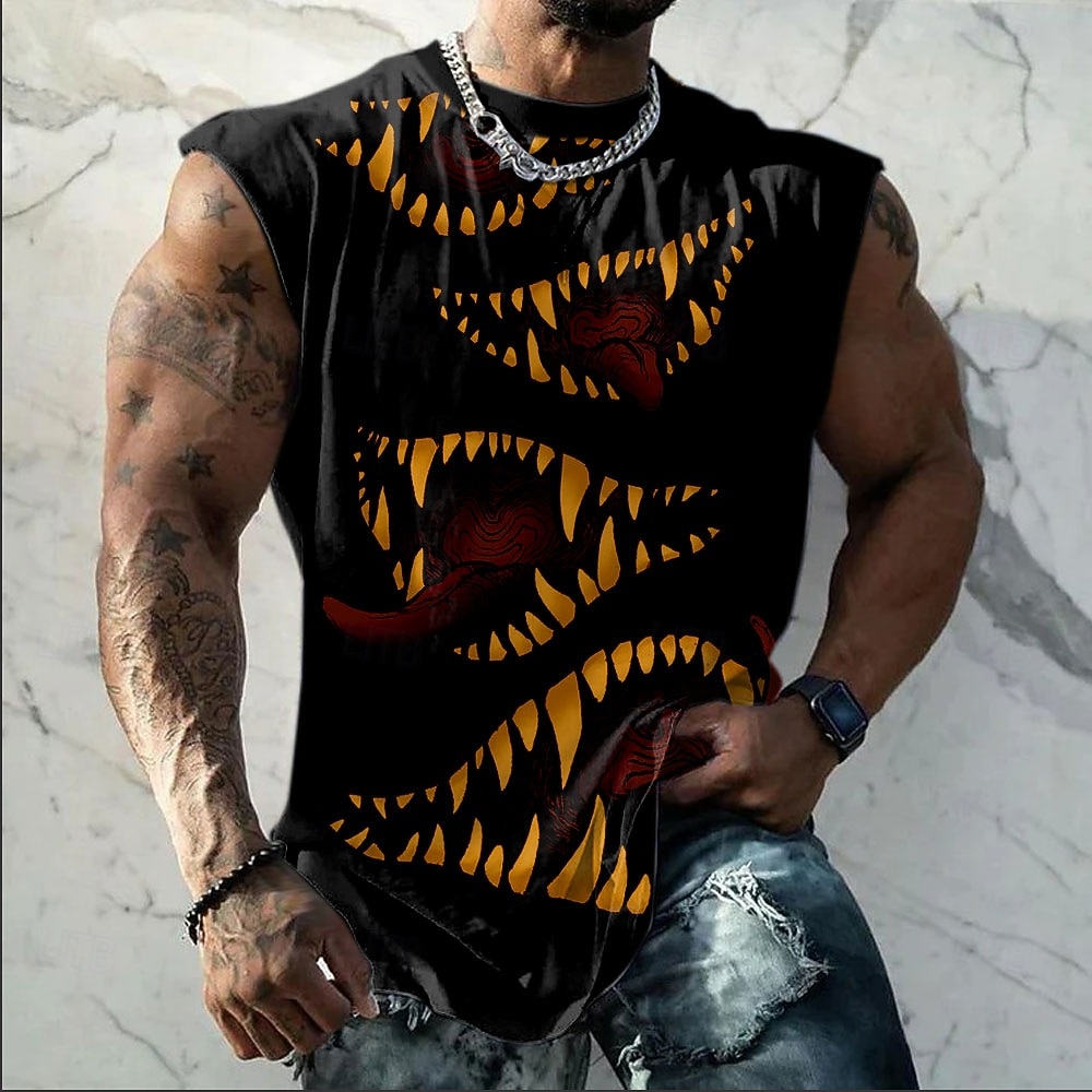 herrtopp med taggiga monsterkäkar, flera vassa tänder, gotisk punk, skräck, ärmlös, heltryck, gym, sommar, musik, festival, designerkläder, s m l xl xxl xxxl 2026 - $17.99 –P4