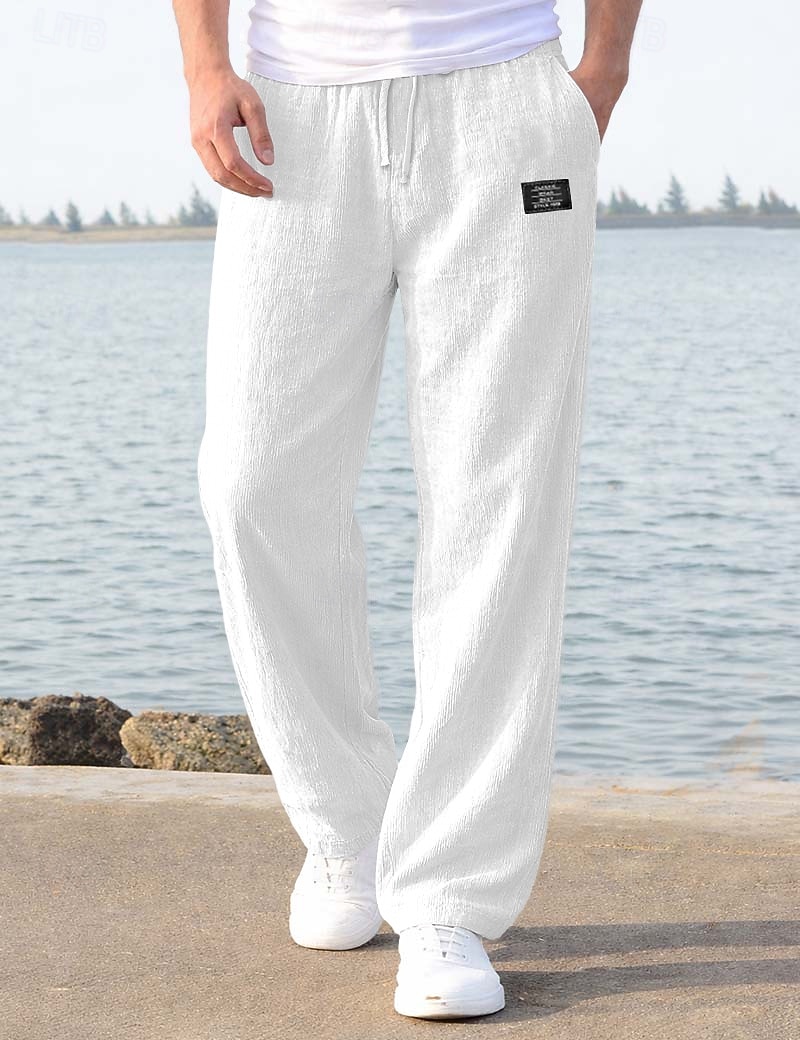 Men's Linen Pants Trousers Summer Pants Baggy Pants Beach Pants Drawstring Elastic Waist Straight Leg Plain Comfort Breathable Full Length Casual Daily Holiday Vacation Fashion Loose Fit Blue White 2026 - $27.99 –P2
