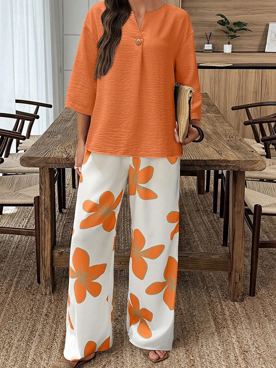 Women's Two Piece Sets Pants Sets 3/4 Length Sleeve V Neck Floral Graphic Print Daily Stylish Casual Daily Vacation Blue Purple Orange Summer Regular Fit 2026 - $56.99 –P5