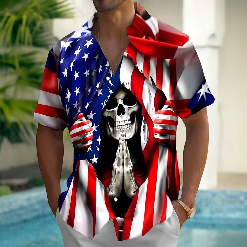 Men's Grim Reaper 4th of July U.S. 250th Anniversary American Flag Shirt Summer Shirt Button Up Shirt Short Sleeve Patriotic Outdoor Holiday Summer Spring Turndown 3D Print Collared Shirts Front One 2026 - $25.99 –P1