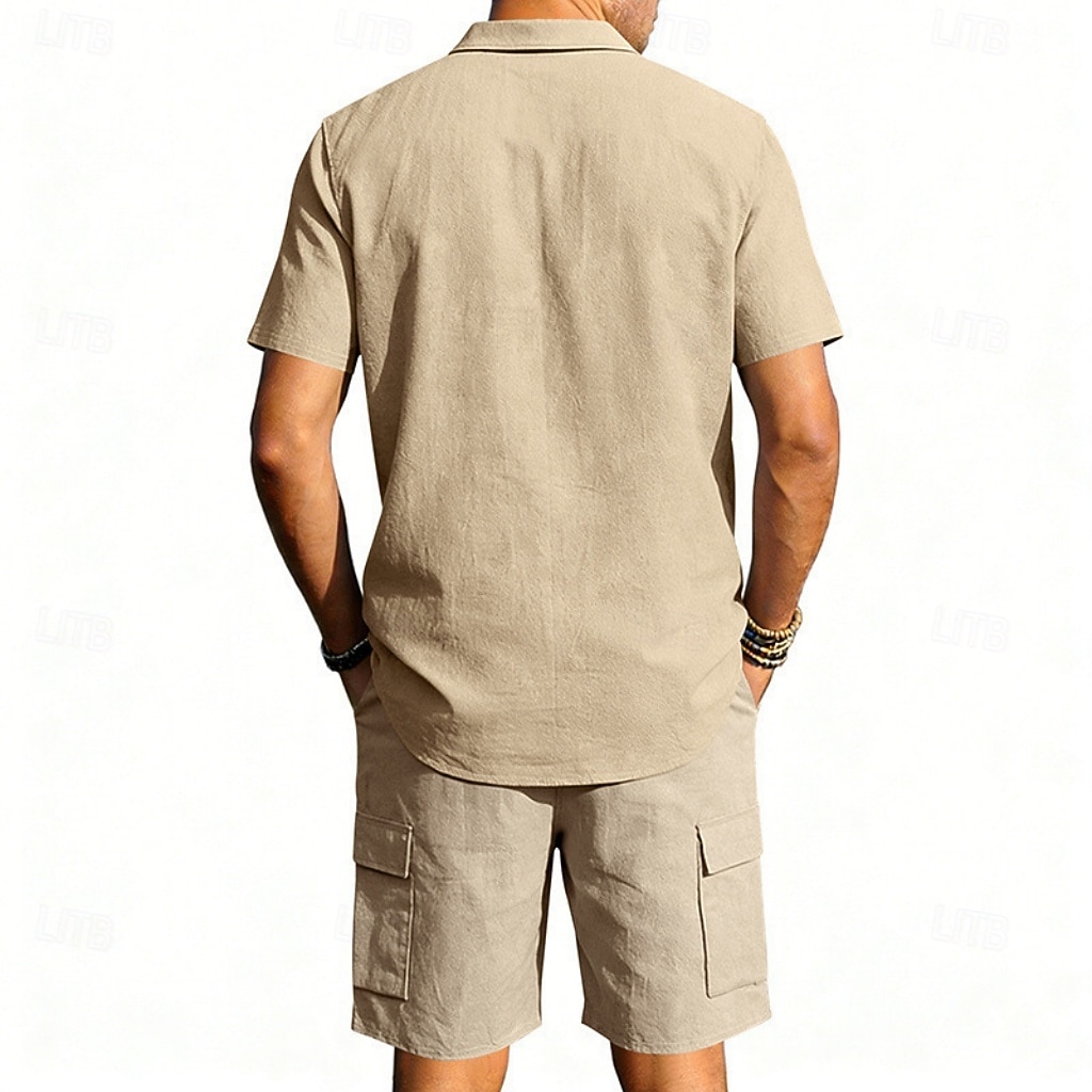 Homens Camisa de linho 2 Peças Conjunto de camisa E Bermuda Cargo Calção Shorts de linho Definir Tecido Diário Ao ar livre Férias Aberto para a Lateral Manga Curta Verão Moda Casual Confortável Roupa de 2026 por $32.99 –P14