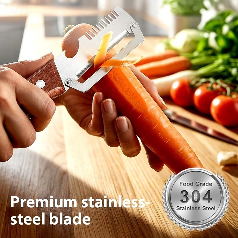 Pelador de verduras con mango de madera y abridor de botellas, pelador de verduras multifuncional para la cocina, utensilio de cocina para pelar frutas, calabazas, patatas, zanahorias y otras 2026 - $6.49 –P3