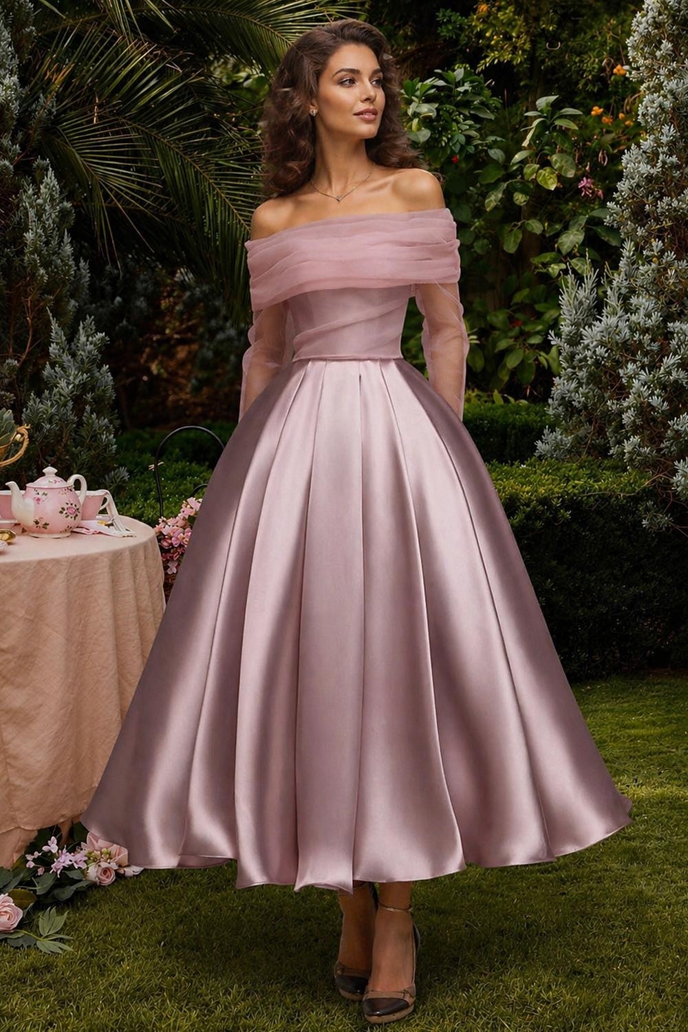 Ballkleid A-Linie Knöchellänge Cocktailkleider Partykleider Elegant Vintage Langarm Schulterfrei Hochzeit Formell Abnehmbar Satin mit Schal 2026 - $149.99 –P4