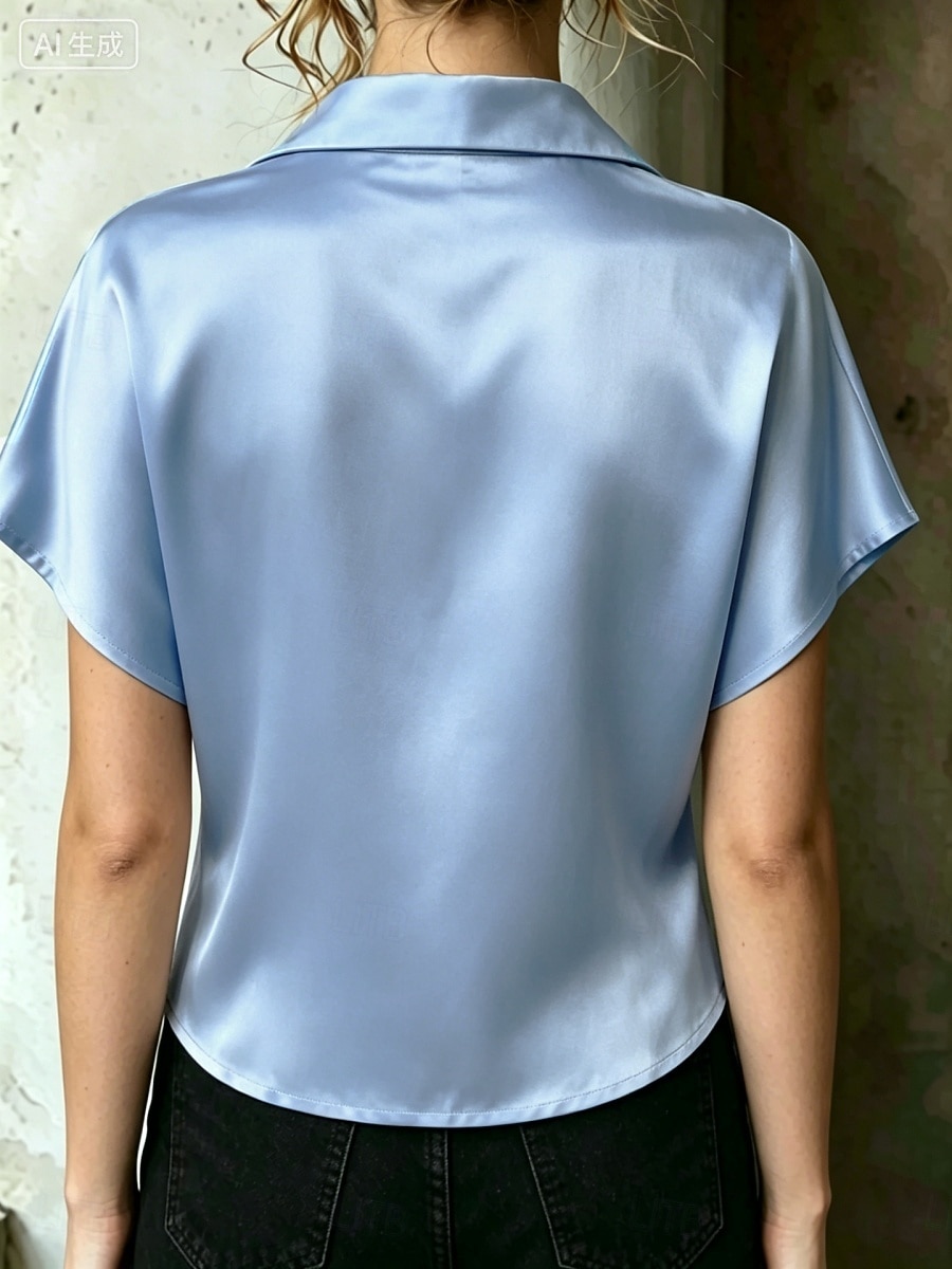 Pentru femei Cămașă din satin Bluză Nasturi Culoare solidă Stilat Casual Manșon scurt Guler Cămașă Crop Tops Casual Zilnic În aer liber Albastru piscină Negru Alb Caisă Vară Primăvară 2026 - $24.99 –P11