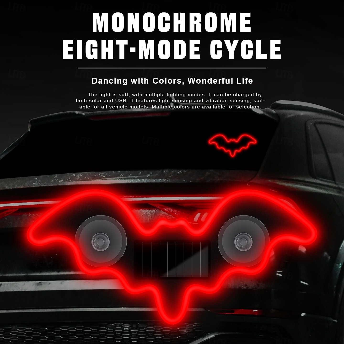 Car Solar Vacuum Suction Cup Neon Bat-Shaped Decorative Running Lights, Wire-Free, Type-C Rechargeable, 8 Modes, Ambient LED Car Interior & Exterior, Party, Halloween, Vehicle Decoration 2026 - $7.49 –P2