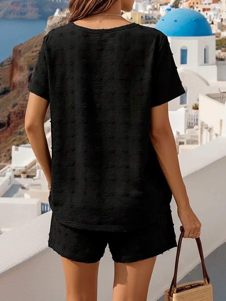 Women's Textured Shorts Sets Short Sleeve Round Neck Solid Color Fashion Streetwear Casual Daily Outdoor Blue Black Camel Summer Loose Fit 2026 - $41.99 –P8