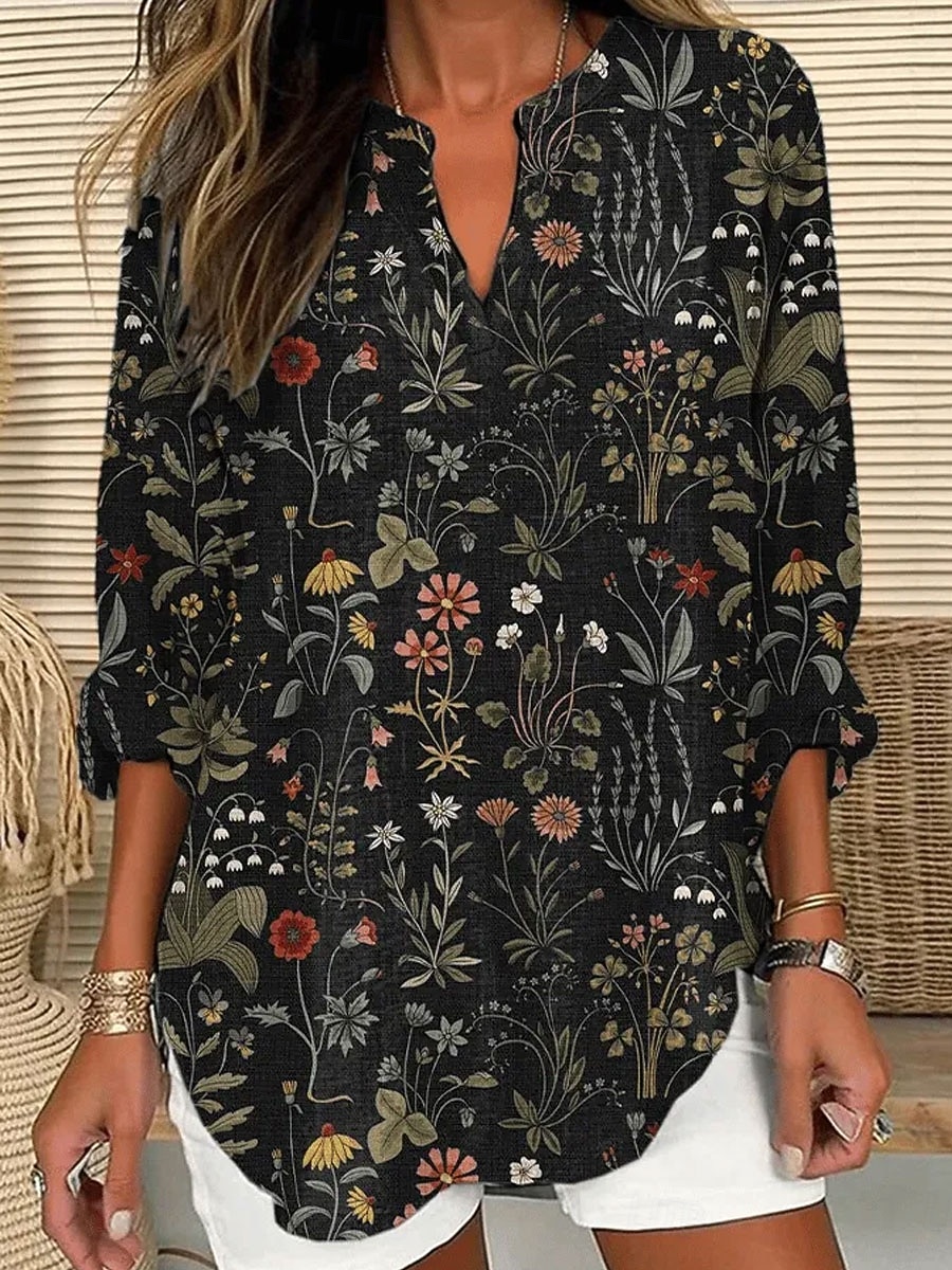 Mujer Camisa camisa boho Blusa Estampado Floral Graphic Vintage Diario Elegante Manga Larga Escote en Pico Tops largos Casual Diario Festivos Negro Verde Trébol Beige Verano Primavera 2026 - $32.99 –P5