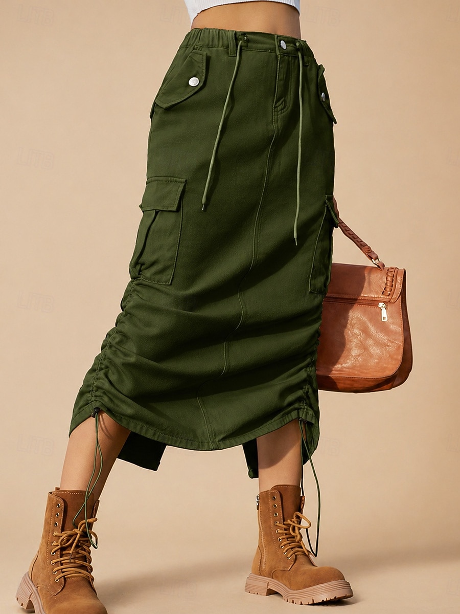 Per donna Scenette di carico Casual Midi Vita Alta Gonne Inelastico Quotidiano Cachi chiaro Nero Verde militare Estate del 2026 a $47.99 –P7