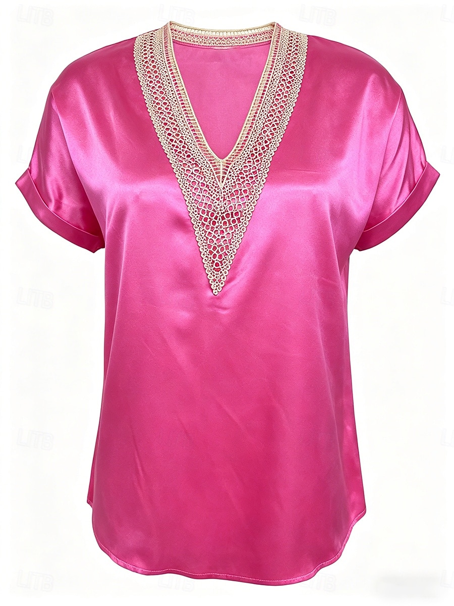 Pentru femei Maiou din satin Tricou Tee Top Simplu Modă Stilat Clasic Manșon scurt În V Topuri obișnuite Casual Zilnic Ieșire Negru Alb Fucsia Vară Primăvară 2026 - $22.99 –P4