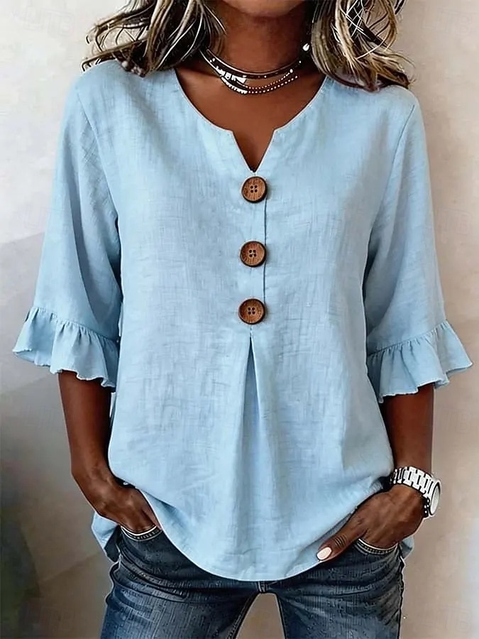 Damen Bluse Rüsche Knöpfe Einfarbig Stilvoll Basic Lässig Dreiviertelarm V Ausschnitt Normale Oberteile Täglich Blau Weiß Marineblau Grün Sommer Frühling Herbst 2026 - $29.99 –P1