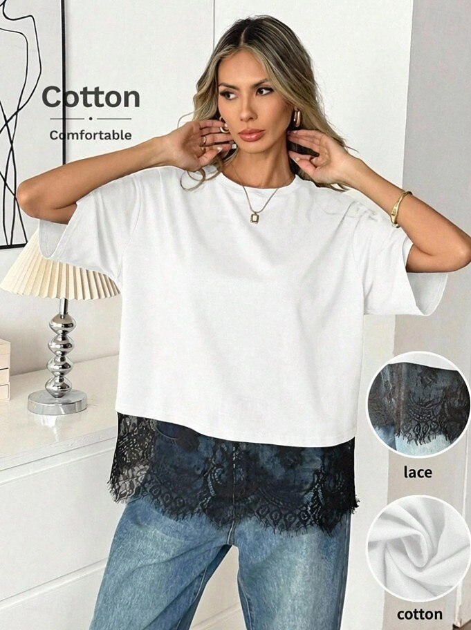 Dame 100% قطن Kontrast blonder Stilfull Klassisk Kortermet Crew-hals Vanlige topper Avslappet Svart Hvit Sommer Vår 2026 - $24.99 –P6