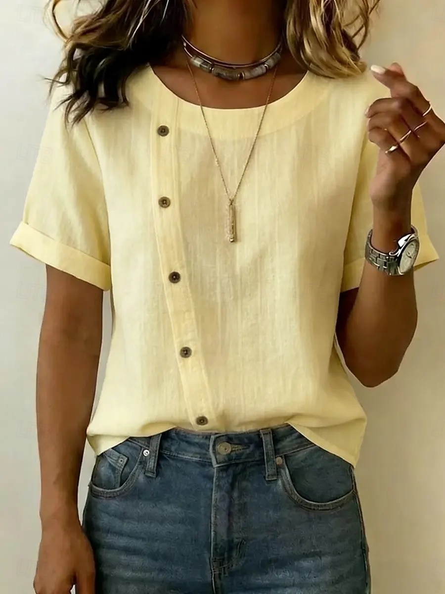 Mujer Camiseta Tee Botones Elegante Clásico Casual Manga Corta Cuello Barco Tops regulares Casual Blanco Amarillo Rosa Verano Primavera 2026 - $21.99 –P1