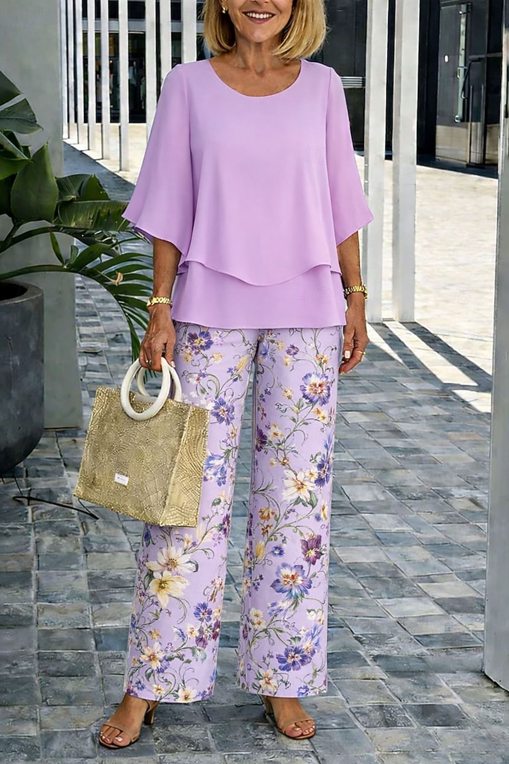 Women's Pants Sets Half Sleeve Butterfly Sleeve Round Neck Floral Graphic Elegant Vacation Casual Daily Beach Blue Pink Purple Spring & Summer Loose Fit 2026 - $51.99 –P1