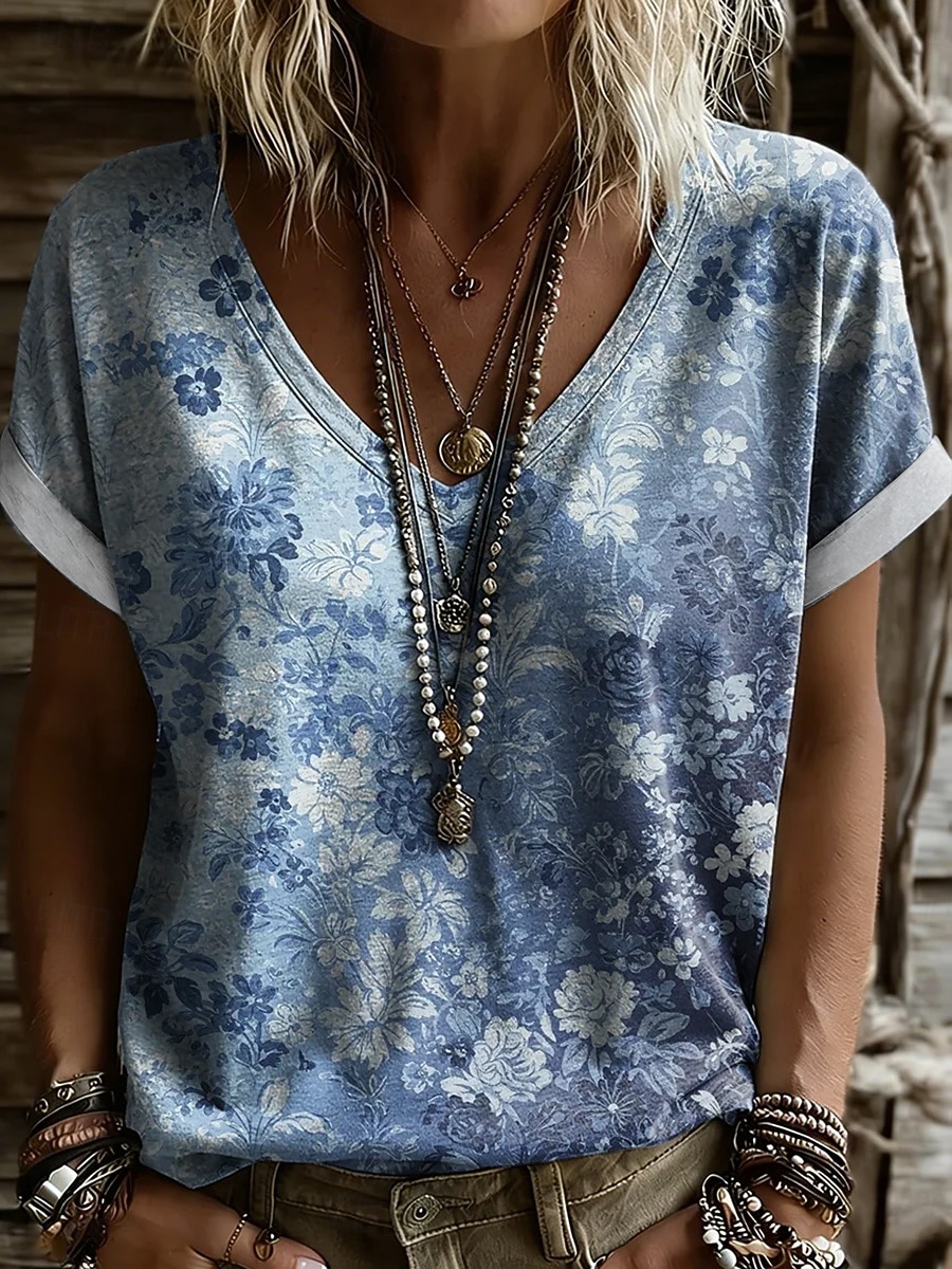 Women's T Shirt Print Graphic Abstract Geometry Vintage Stylish Classic Short Sleeve V Neck Regular Tops Daily Gym Going out Blue Yellow Orange Summer Spring 2026 - $21.99 –P3