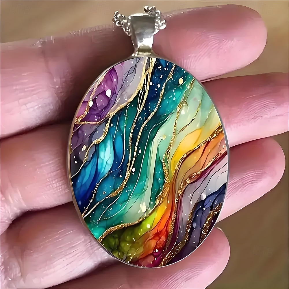 Collier pendentif ovale en verre, style rétro tendance, orné d'un ciel étoilé coloré et onirique, pour femmes et hommes. Bijou accessoire pour le cou. de 2026 ? $9.99 –P4