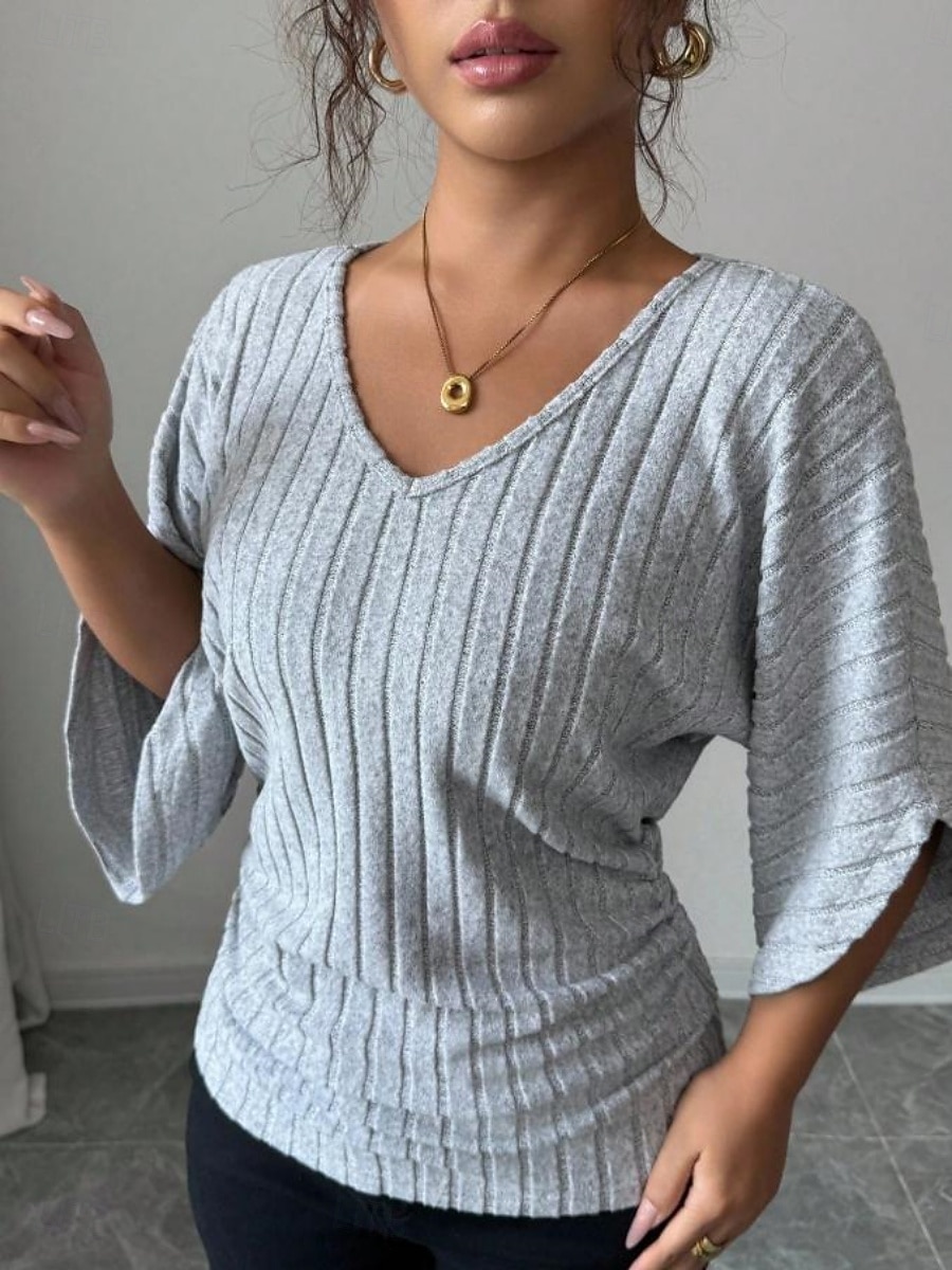 Dame Bluse Helfarge Stilfull Fritid 3/4 ermer V-hals Vanlige topper Daglig Grå Vår Høst 2026 - $19.99 –P5