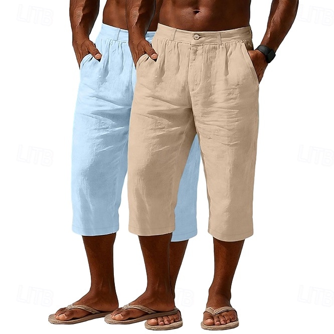 Homme Shorts Capri Shorts en Lin Short décontracté Avec Poches Taille Élastique Uni Confort Respirant Longueur mollet Quotidien Extérieur Plage Vacances Mode Noir + Bleu Marine Bleu Marine + Gris Non de 2026 ? $33.99 –P10