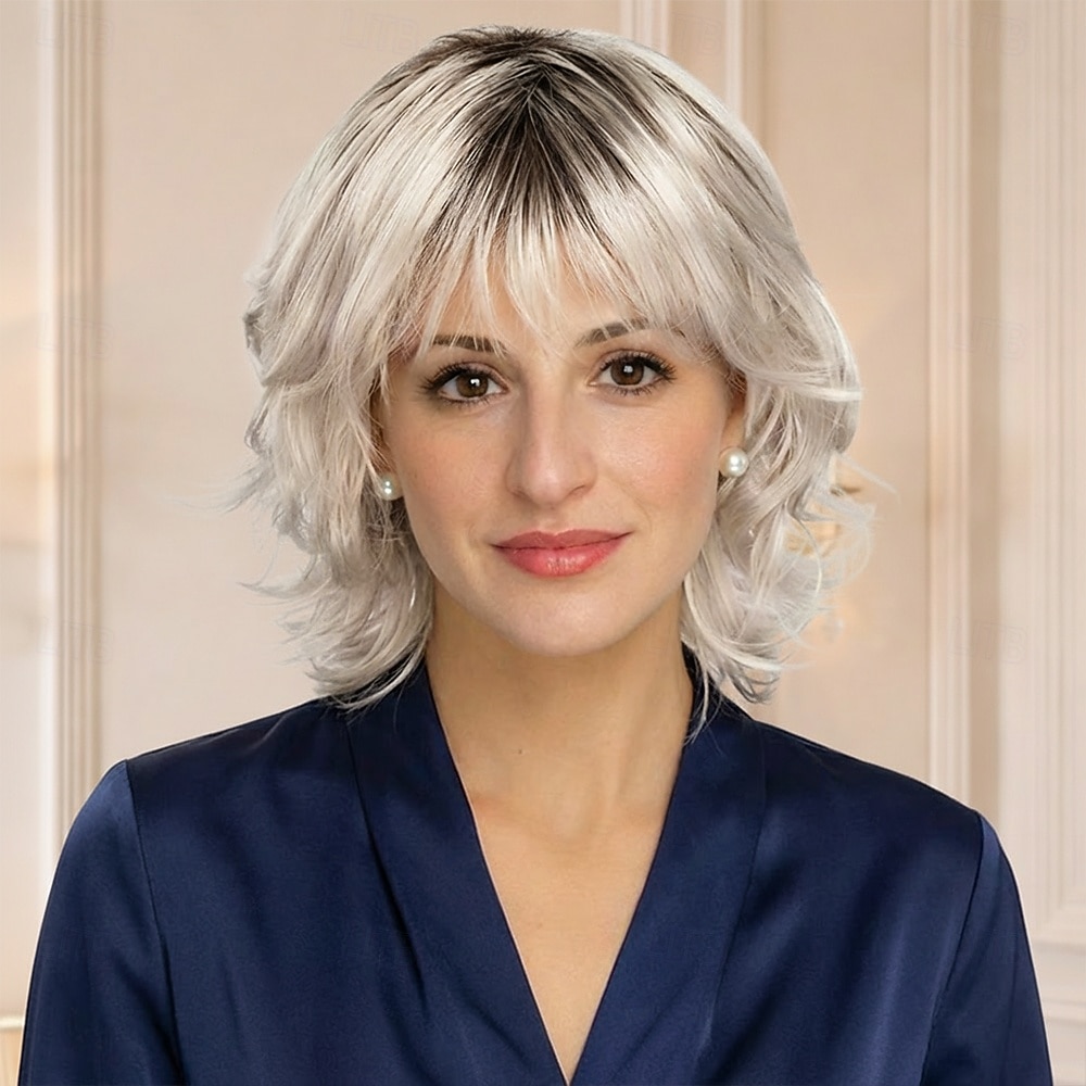 Perruque synthétique courte et chic pour femme - blonde platine avec racines foncées, ondulations souples et frange de 2026 ? $29.99 –P1
