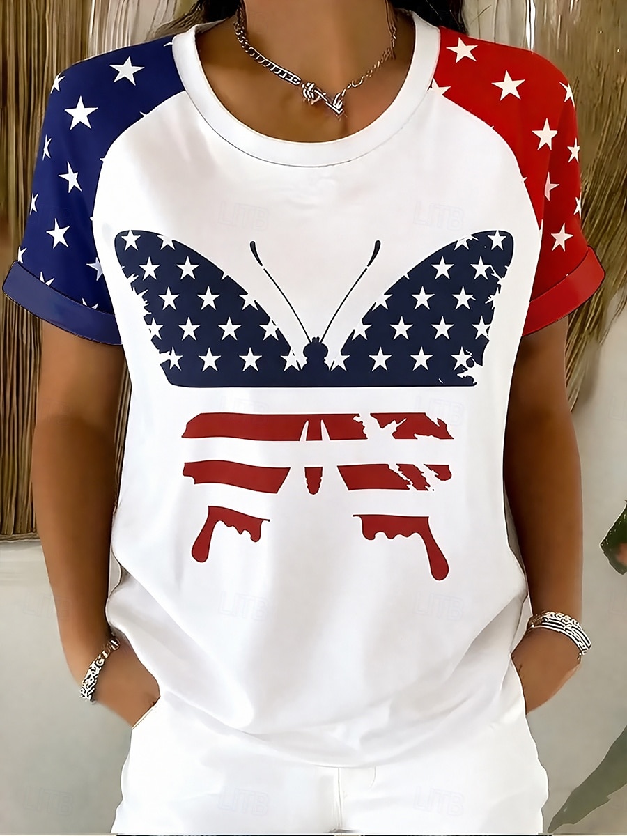 Giorno dell'Indipendenza Americana Per donna Maglietta Stampato Grafico Bandiera Americana Vintage Elegante Classico Manica Corta Girocollo Top Regolari Quotidiano Blu Bianco Rosso Estate Primavera del 2026 a $21.99 –P2